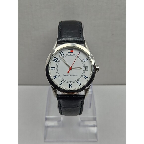 Tommy Hilfiger Quartz Watch New Battery White Dial Date Black Leather Strap 99ft - Picture 1 of 12